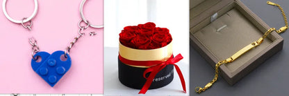 Luxury gift box containing an arrangement of preserved red eternal roses on a dark background.