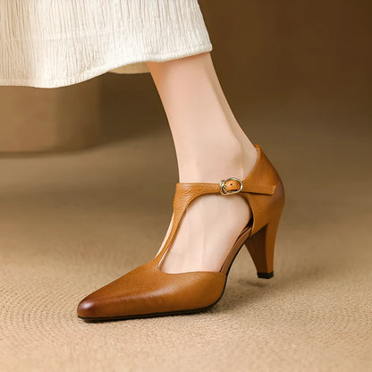 Brown retro women's T-strap sandals with a closed toe and a short stout block heel.