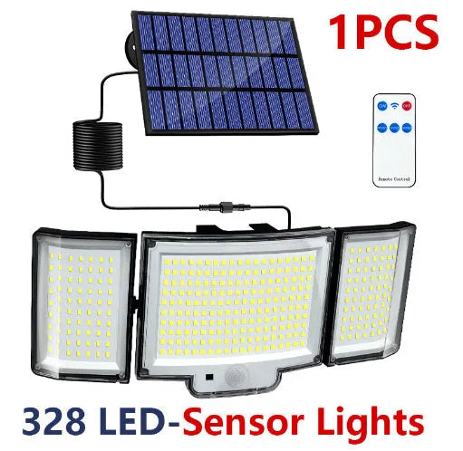 Multi-angle solar-powered garden lamp with motion sensor mounted outdoors