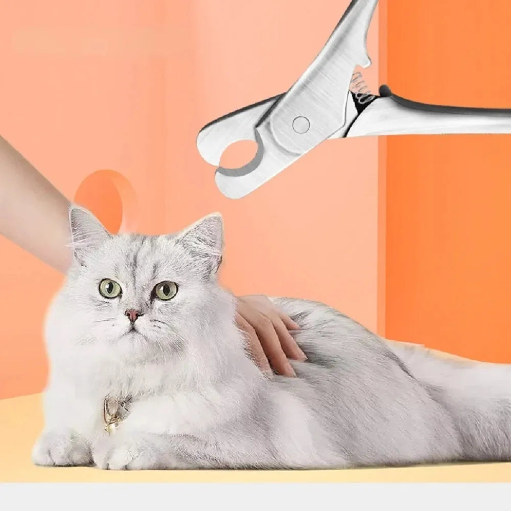 Silver professional pet nail clipper with stainless steel blades and finger grip handle for dog and cat grooming