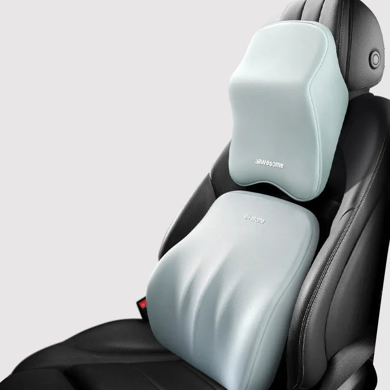 Geometric pattern car memory foam pillow set showing big headrest and big waist rest cushions.