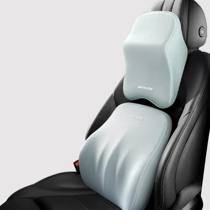 Geometric pattern car memory foam pillow set showing big headrest and big waist rest cushions.
