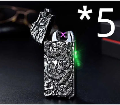 USB rechargeable windproof metal lighter with embossed arc design in multiple colour options