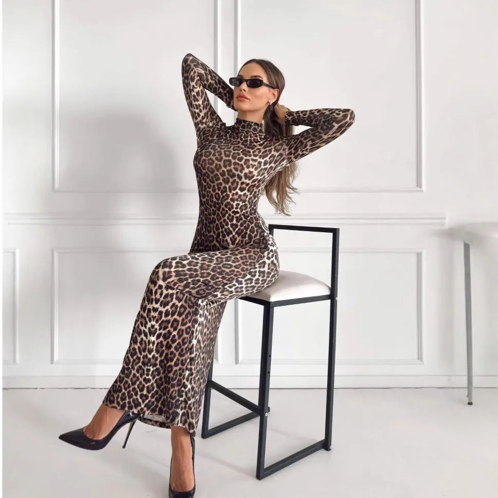 Leopard print dress with stand collar, long sleeves, and hip-hugging silhouette