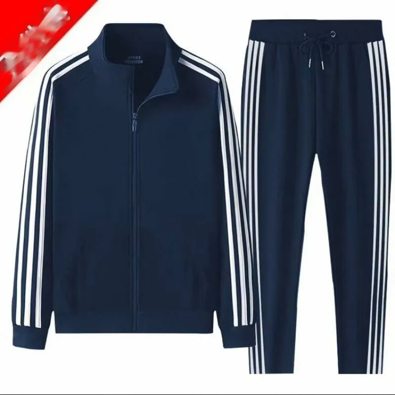 Navy blue cotton blend cardigan suit set with matching trousers and adjustable waist