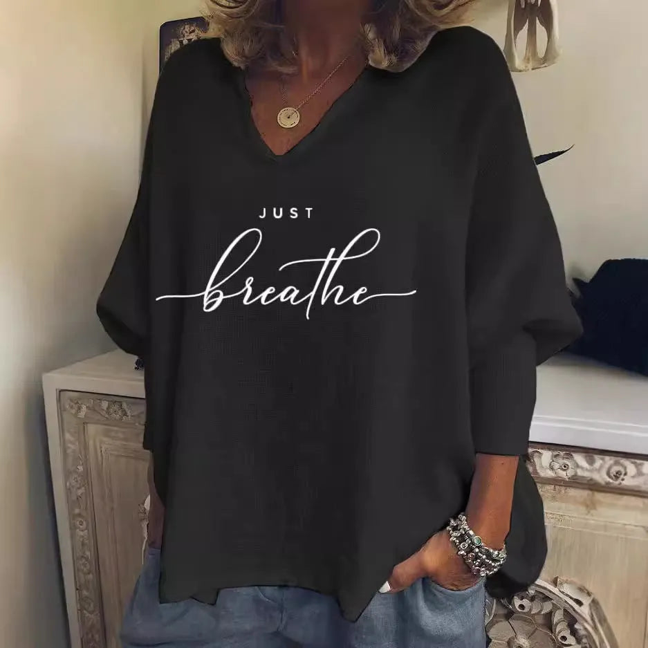 Women's loose fit V-neck long sleeve top in brushed milk silk with digital printing pattern