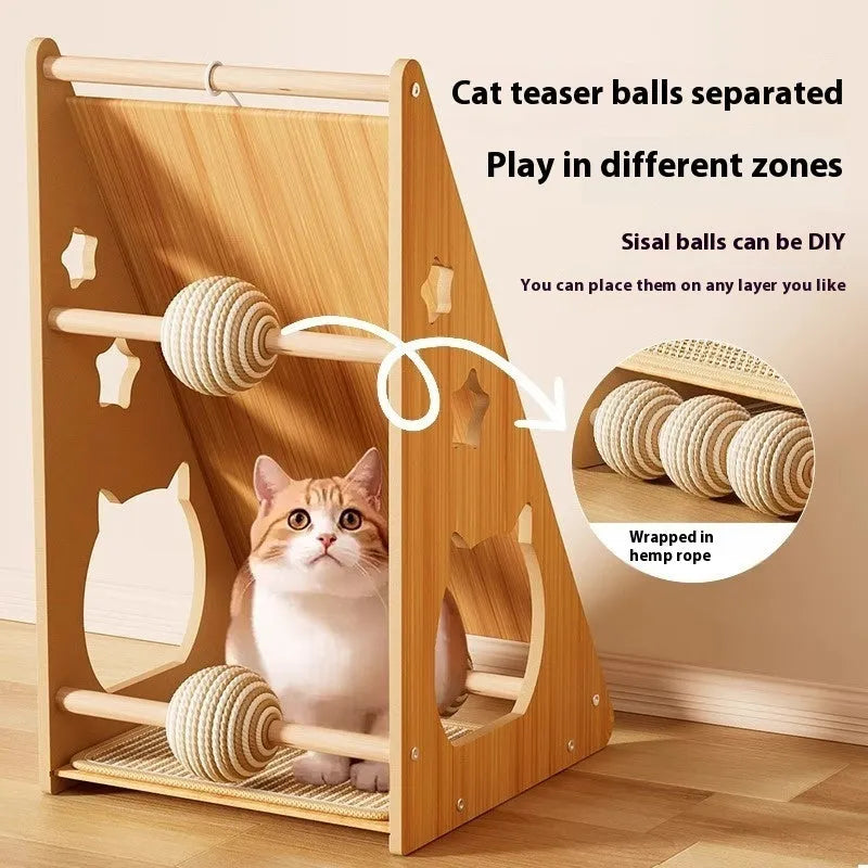 Vertical wall-mounted cat scratch board with sisal surface and hemp rope-covered teasing ball