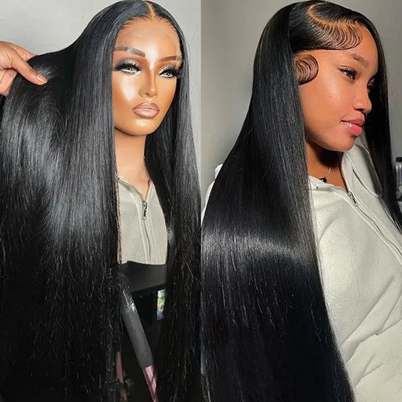 A long, straight human hair wig with a 13x4 lace front and centre-parted bangs, shown in a natural colour.