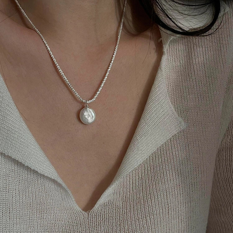 Elegant S925 Sterling Silver Baroque Pearl Necklace with starry sky chain design