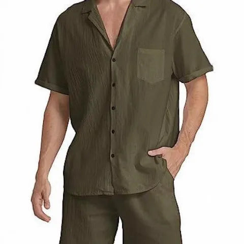 Men's flax summer sports short-sleeved top and shorts suit in army green colour