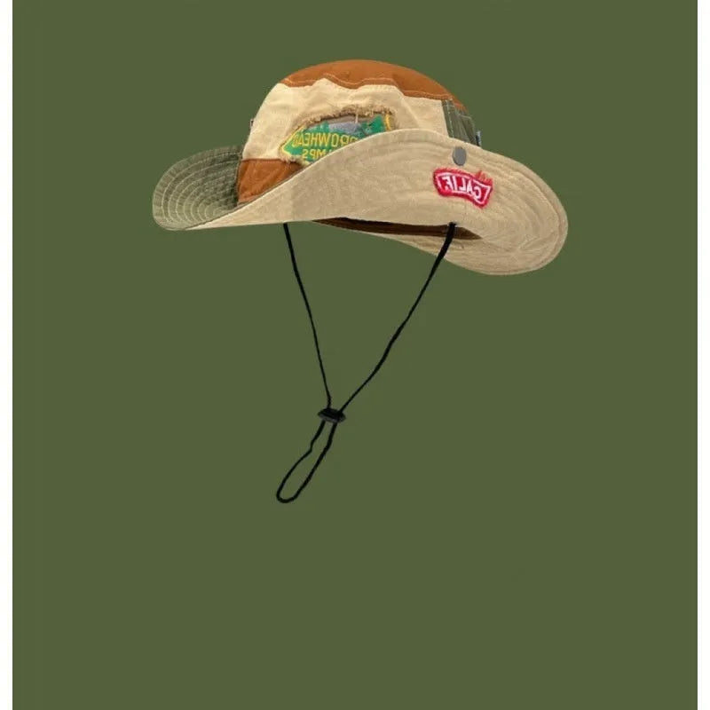 Army Green women's fisherman hat with flat top crown and retro patchwork design