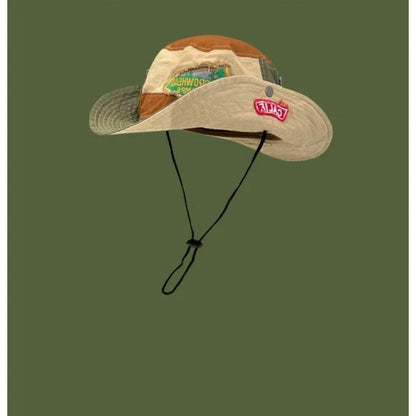 Army Green women's fisherman hat with flat top crown and retro patchwork design