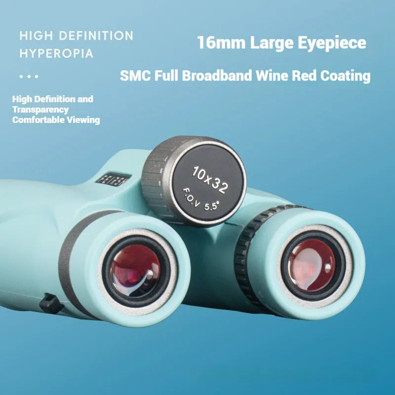 Wine red film coated 10x32 binoculars with grey body shown from the front, displaying objective lenses.