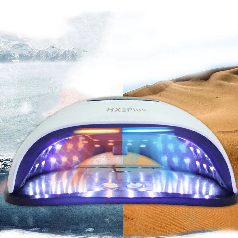 White nail phototherapy machine with LED display showing 60 lamp beads inside curing chamber