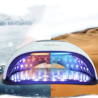 White nail phototherapy machine with LED display showing 60 lamp beads inside curing chamber