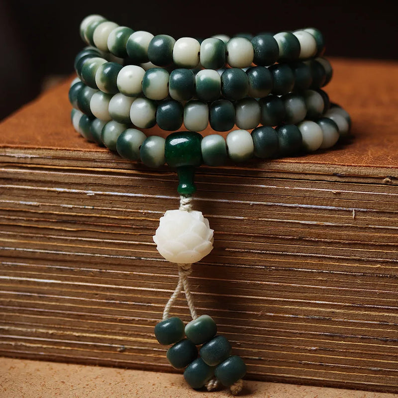 Lotus White Jade Bodhi Beads Bracelet featuring 8x10mm floating flowers landscape pattern design in a unisex ethnic style jewellery accessory for men and women