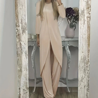 Black loose-fit polyester two-piece lounge set with long sleeves and matching trousers