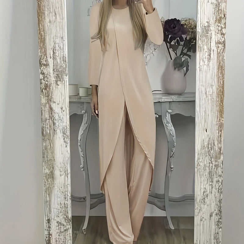 Loose two-piece lounge set with long sleeves, round neck, and matching trousers available in black, blue, and khaki colours in sizes S to 5XL, crafted from soft polyester fabric for comfortable casual wear at home or outdoors