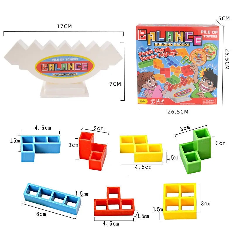 Plastic balance stacking game with 16 colourful blocks, chassis, and base for kids and adults