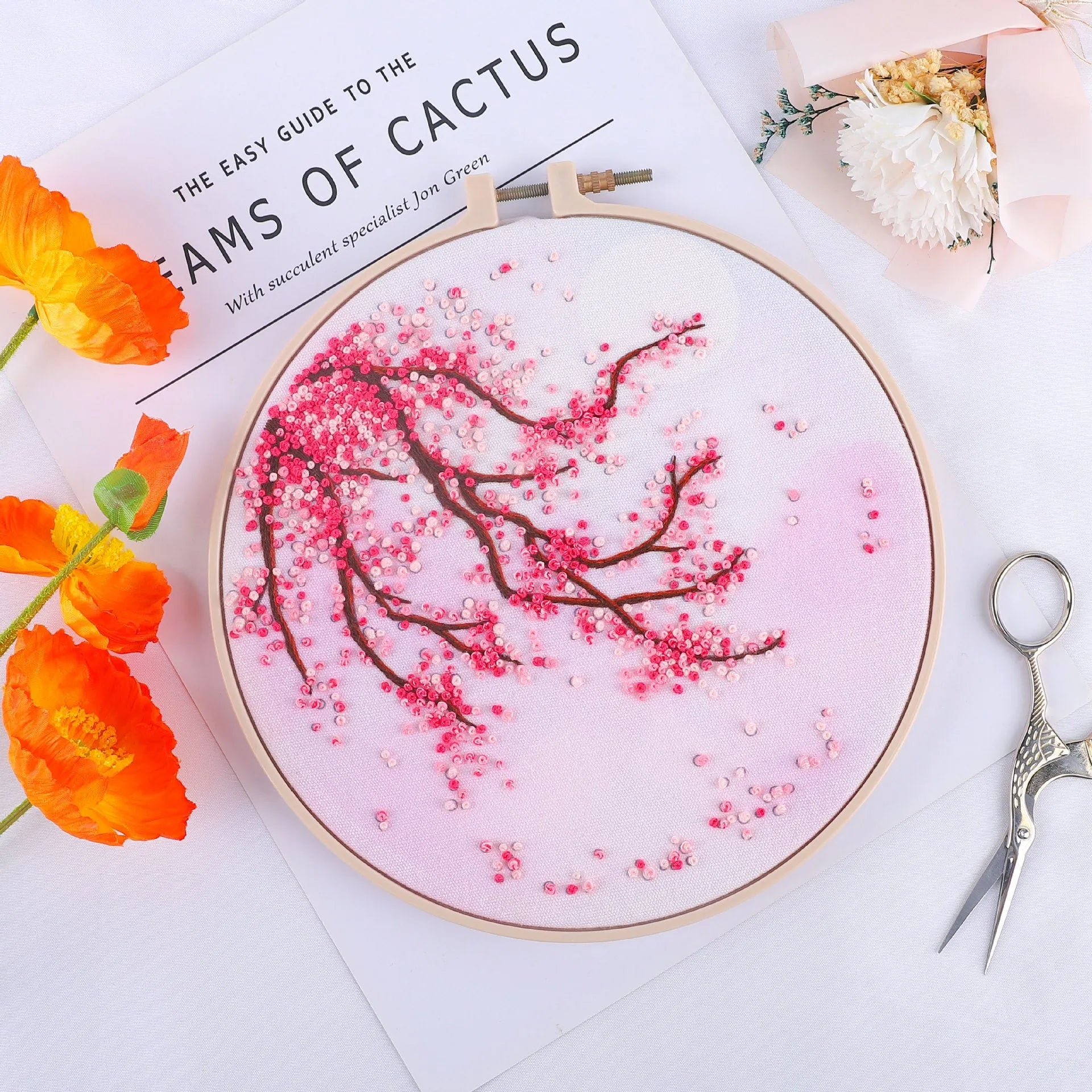 Nordic style grass leaf pattern embroidery kit on canvas fabric with floral colour options