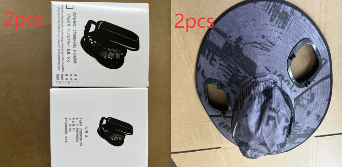 Men's grey solar fan cap with large peak and integrated cooling fans on the front.