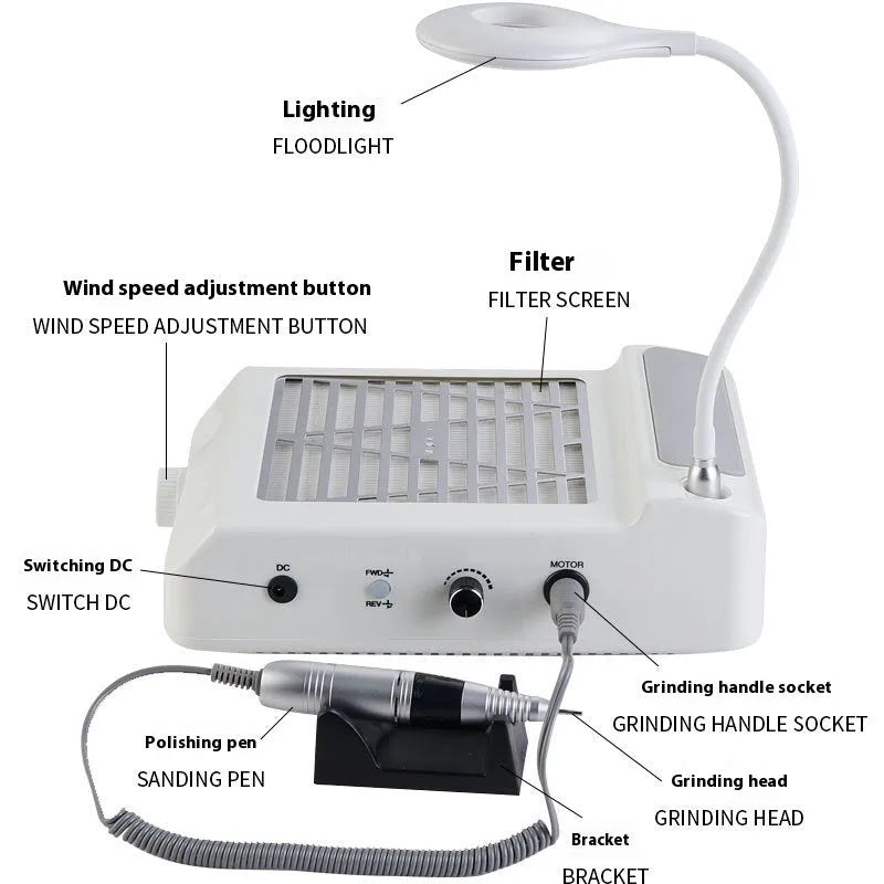White electric nail grinder with vacuum cleaner and four grinding heads