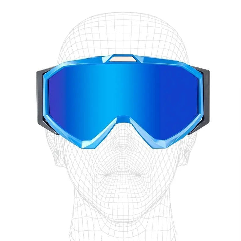 Motorcycle goggles with double-layer anti-fog lens and coloured TPU frame on a storage cloth bag.