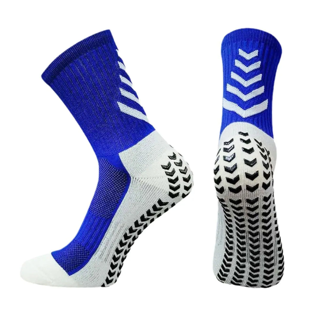 Men's mid-calf athletic football socks with geometric patterns and silicone grip sole