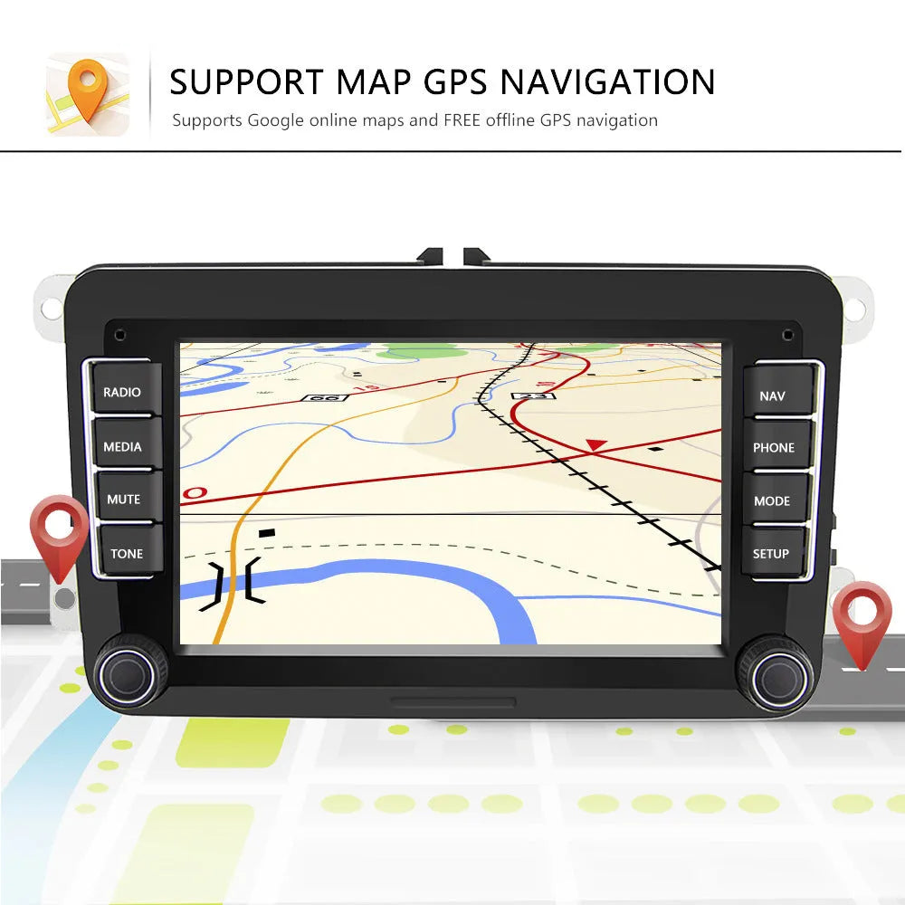 Universal 7-inch Android car stereo touchscreen for Volkswagen vehicles on a dashboard