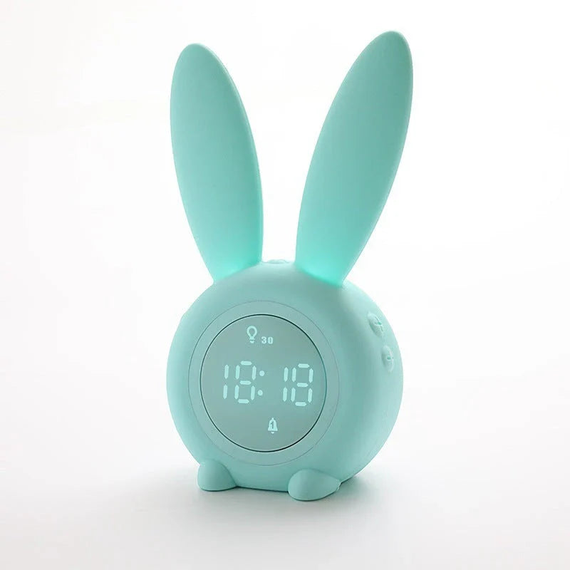 Adorable bunny-eared digital alarm clock with LED display, sound control, and magnetic design