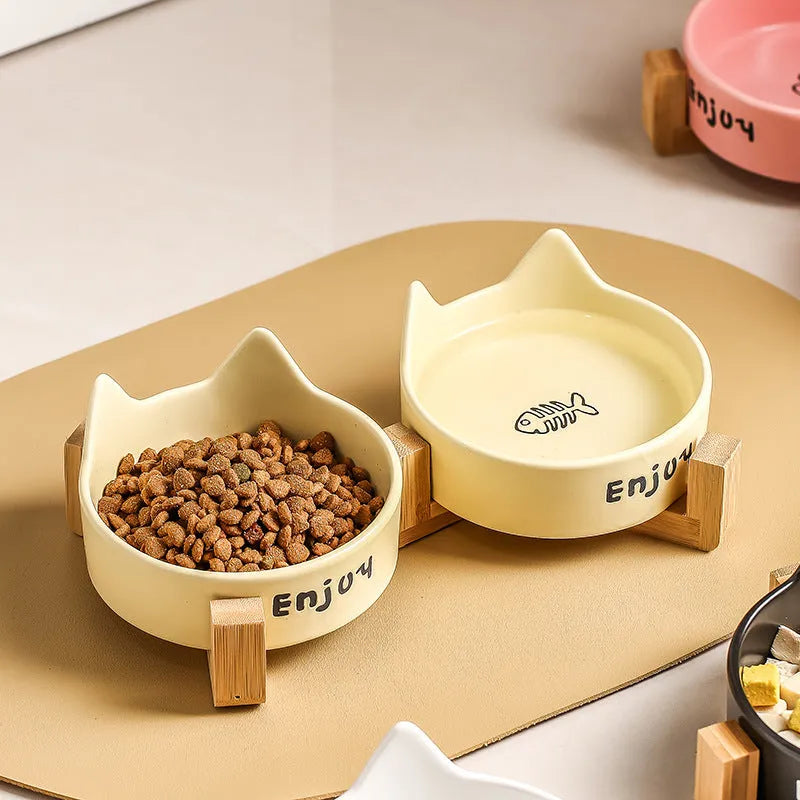 Porcelain cat bowl with cat ear design in 2-in-1 configuration for food and water
