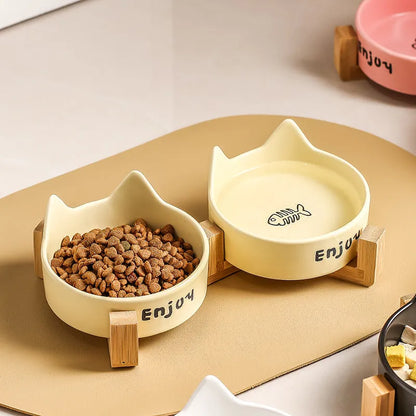 Porcelain cat bowl with cat ear design in 2-in-1 configuration for food and water