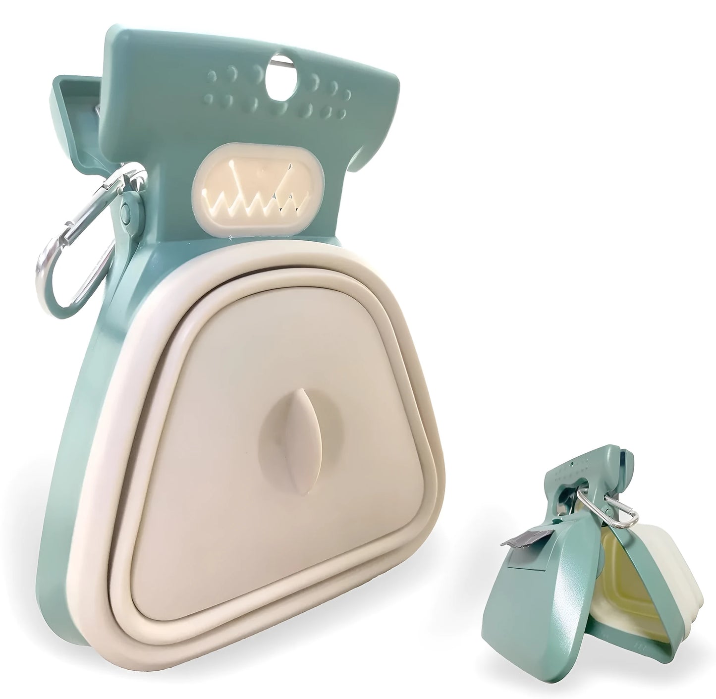 Blue portable dog pooper scooper with carabiner clip and waste bag dispenser, shown next to a waste bag.