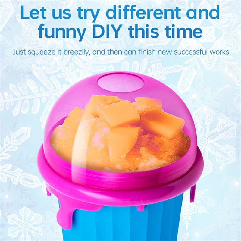 Blue 500ml slushy maker cup with squeeze bottle design for quick-frozen smoothies and homemade ice cream