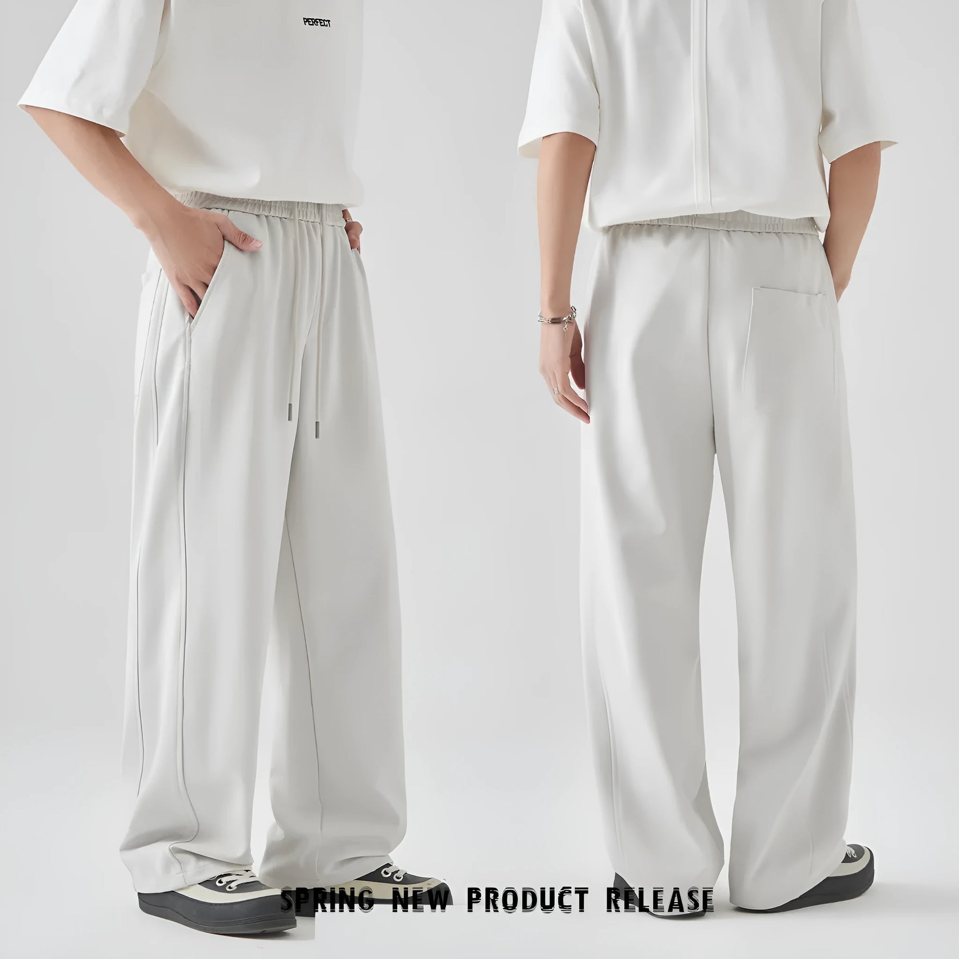 Men's cotton blend casual trousers in grey with straight loose fit and lace-up waist