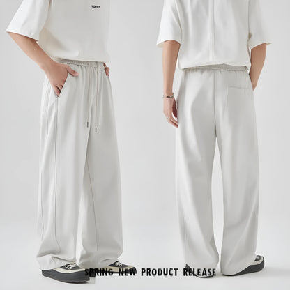 Men's cotton blend casual trousers in grey with straight loose fit and lace-up waist