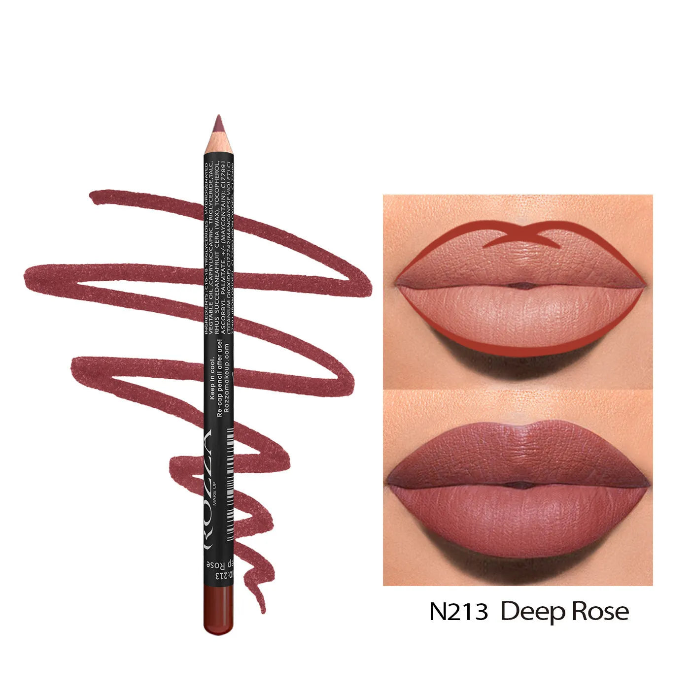 Matte finish lip liner pencil shown in a case, with 14 shade options from 201 to 214 for lip contouring.