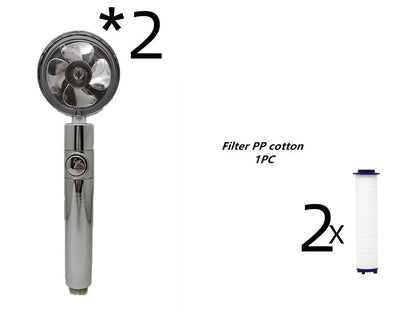 A high-pressure handheld shower head with a turbo-charged water flow and a cotton filter for a luxurious, spa-like bathing experience.