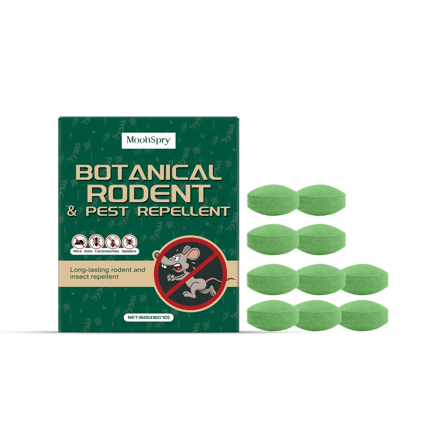 Pack of ten natural anti-mouse repellent pills and three mesh bags for rodent control.