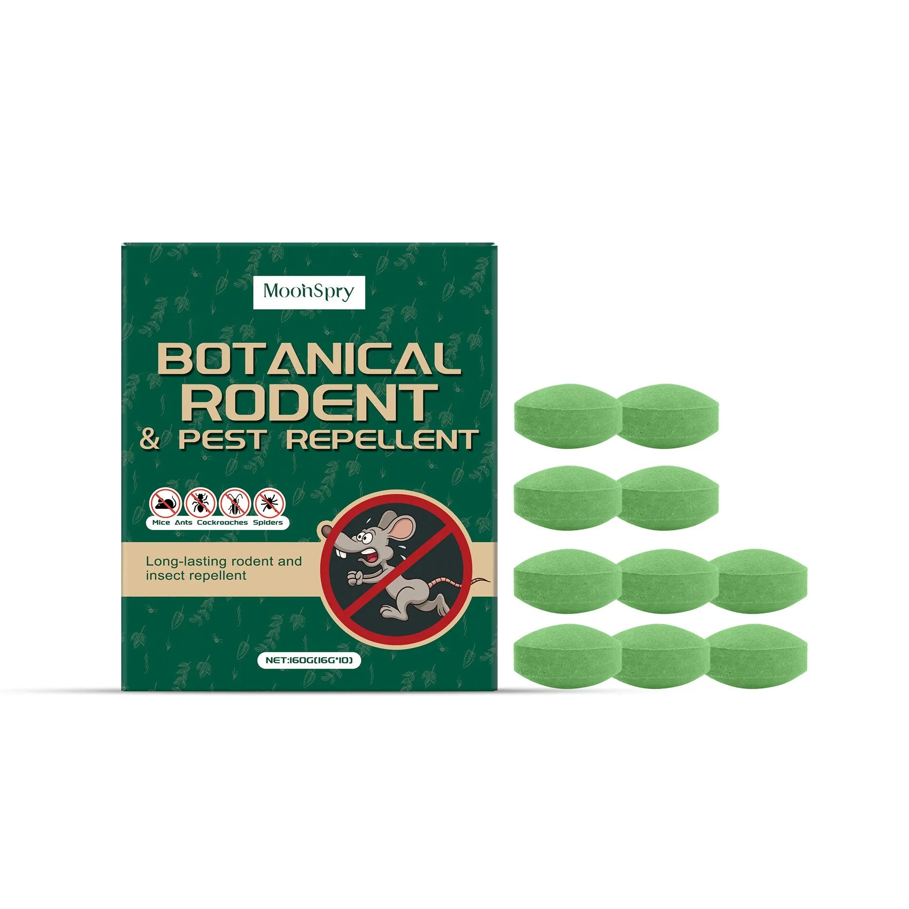 Pack of ten natural anti-mouse repellent pills and three mesh bags for rodent control.