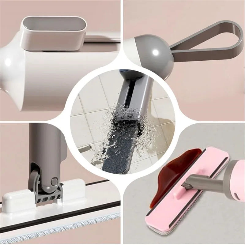 Rotatable self-squeeze mini mop with crevice brush attachment and microfiber pads for compact floor cleaning