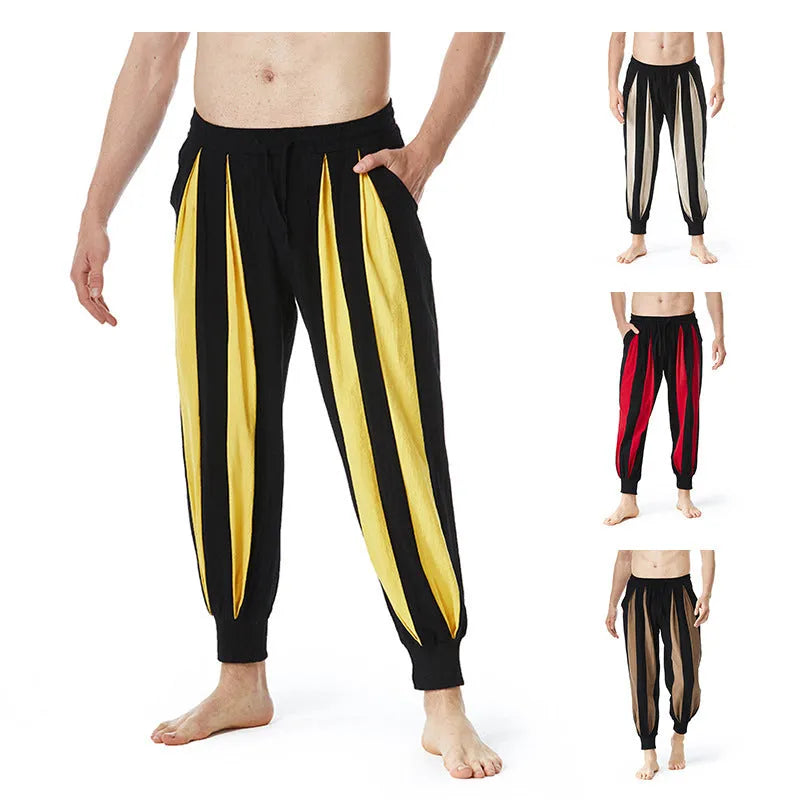 Men's straight-leg polyester casual trousers in red, khaki, yellow or brown colours