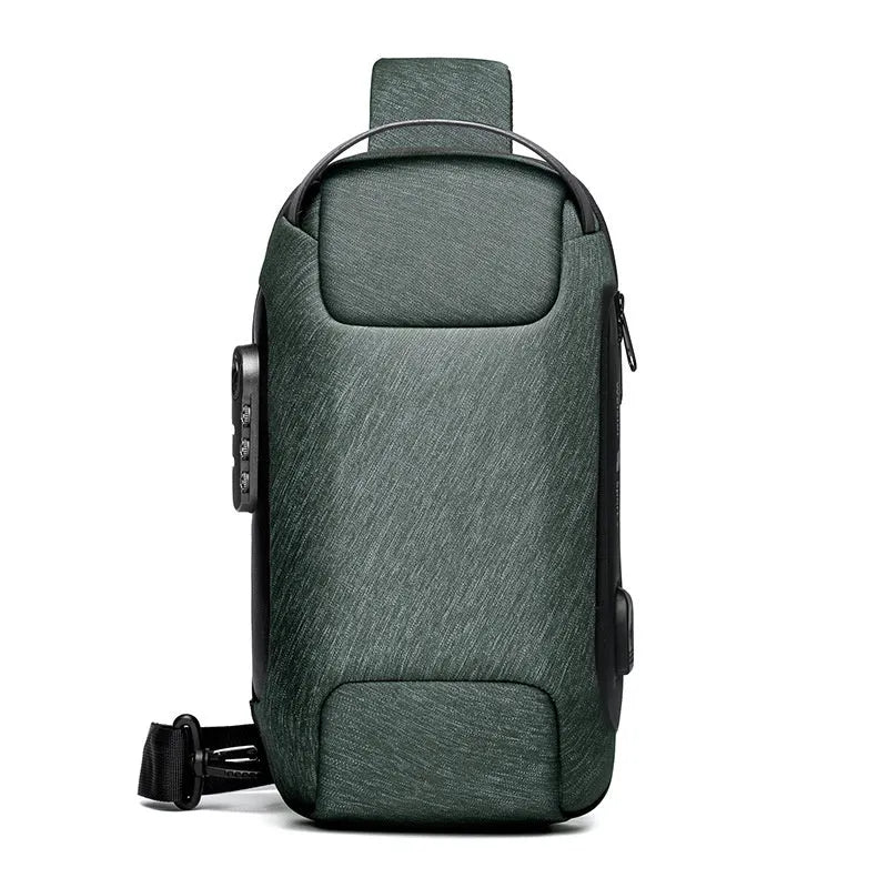 Men's waterproof Oxford crossbody sling bag in camouflage colour showing front zipper and strap.