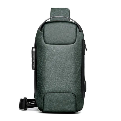 Men's waterproof Oxford crossbody sling bag in camouflage colour showing front zipper and strap.