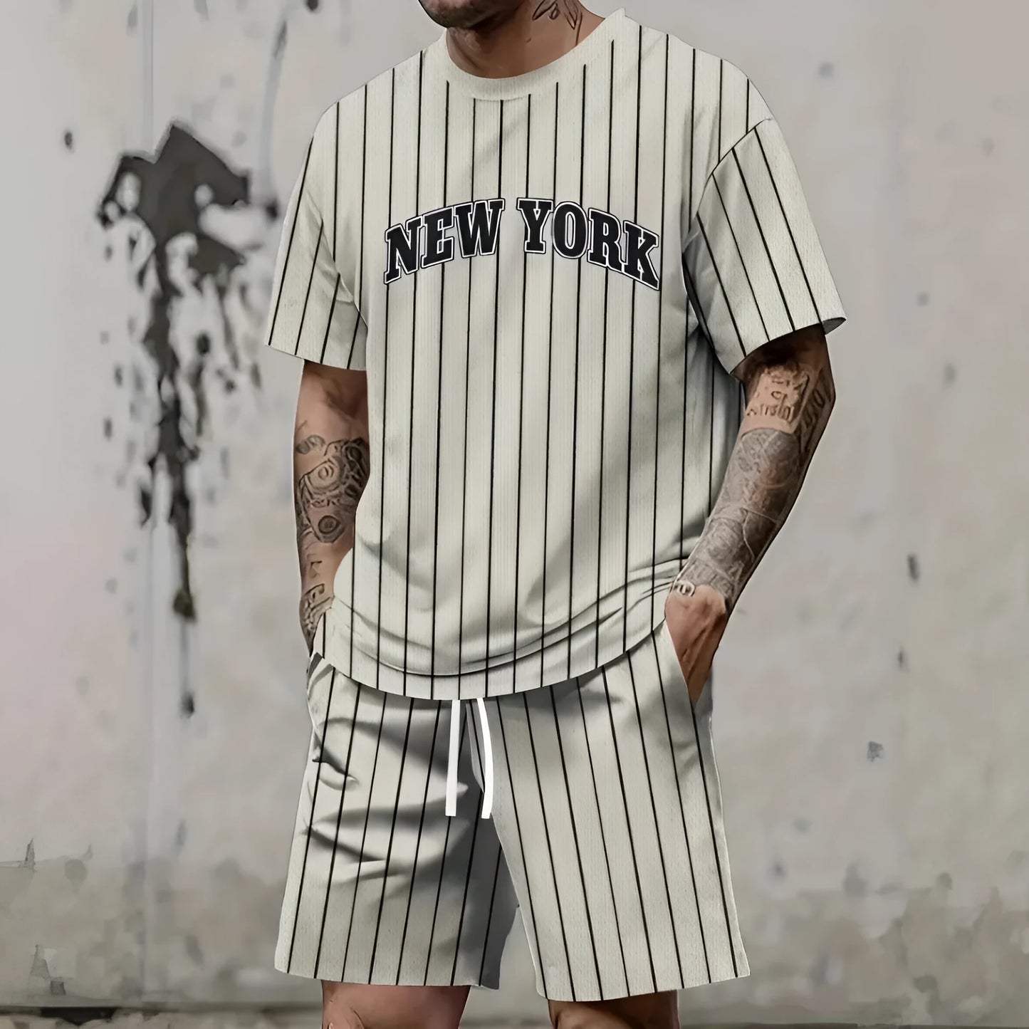 Men's grey 3D printed letter design sports suit consisting of a short sleeve top and matching shorts