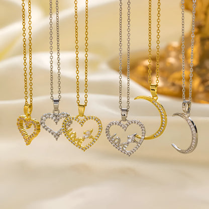 Titanium steel necklace for women with copper pendant, O-ring chain, gold or steel colour, heart or crescent moon design