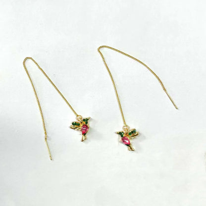 Long drop bird design earrings with mixed zirconium wings in red, blue, or red lvzuan colour options.