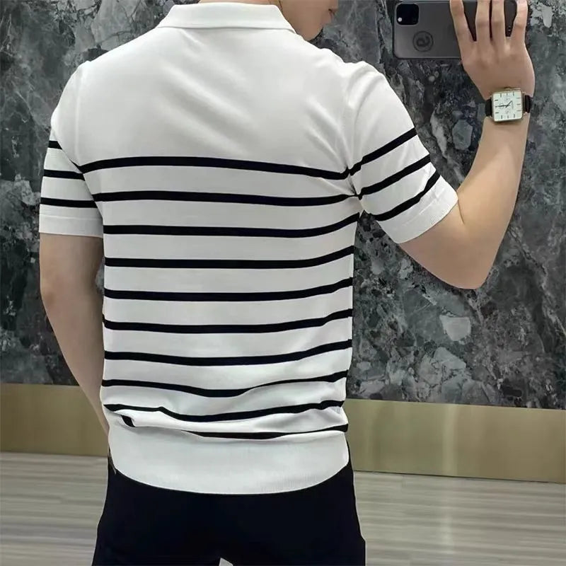 Men's black and white striped pullover T-shirt with a lapel collar detail on a crew neck.