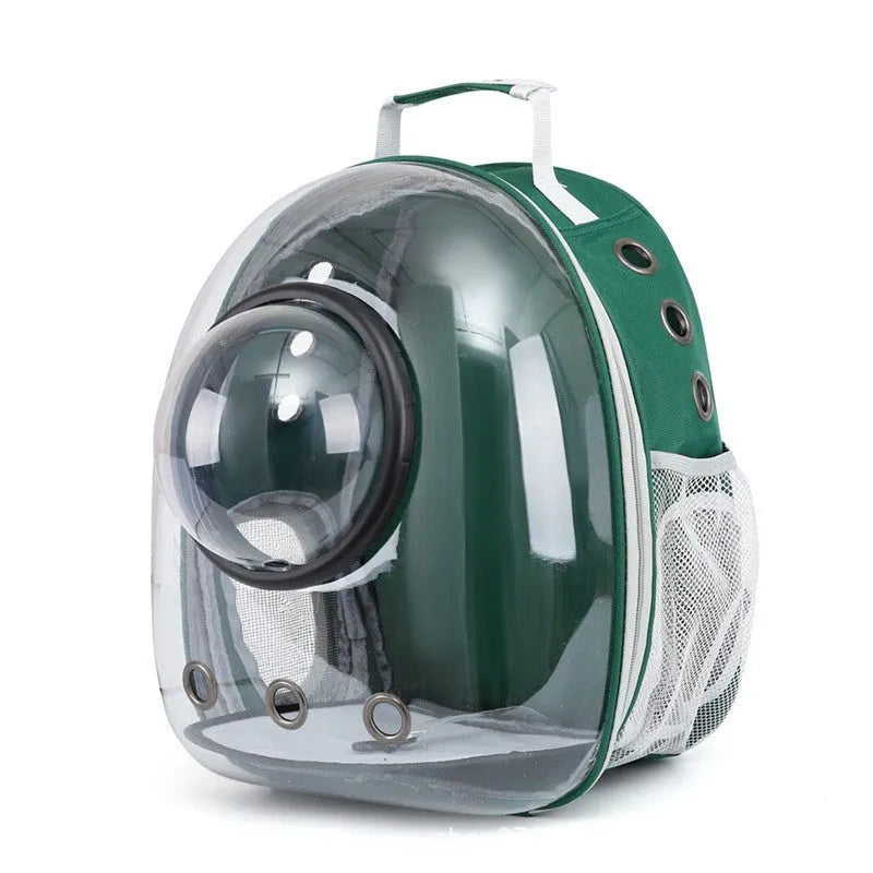 Grey PC plastic side opening pet carrier backpack for cats on a white background.