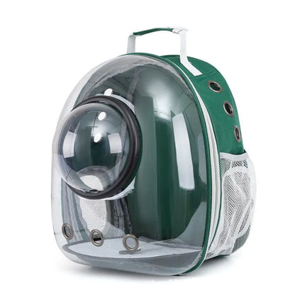 Grey PC plastic side opening pet carrier backpack for cats on a white background.